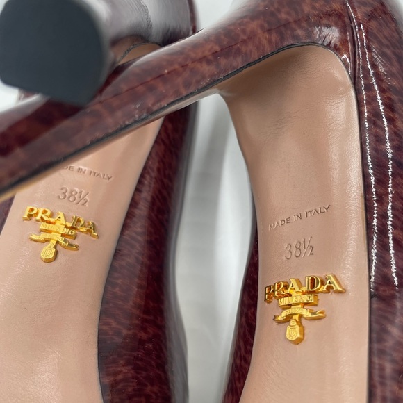 PRADA Peep Toe Luxury Patent Leather Vernice St. Pony Brown Tones High Heel Pump - Picture 6 of 10